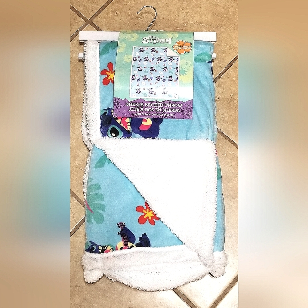Disney Stitch 46 x 60 Inch Sherpa Backed Throw Blanket